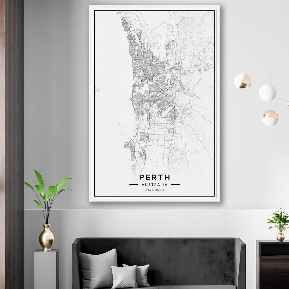 Perth City stretched canvas displayed in a room is a high quality print in our city skyline, travel prints and maps collection
