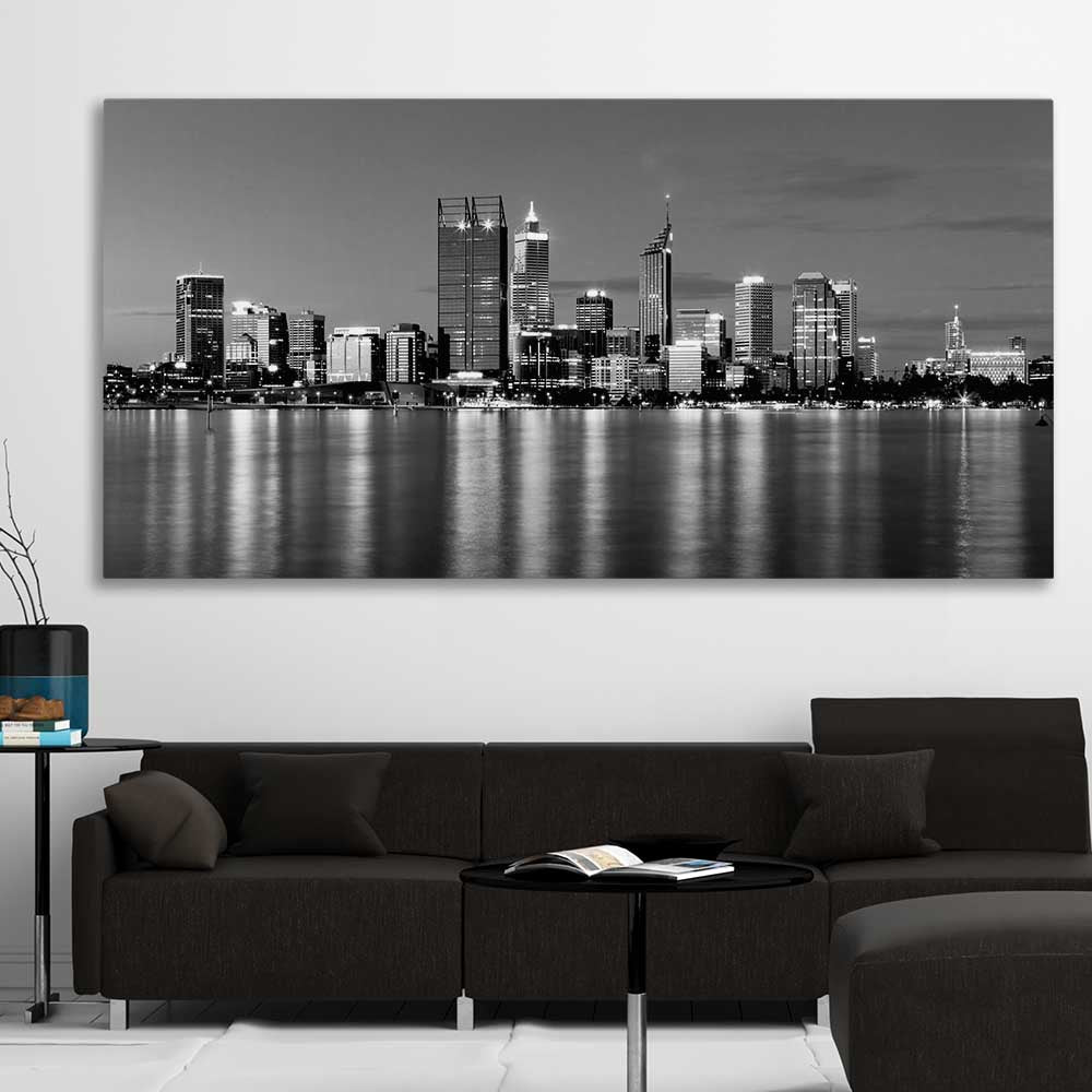 Perth Skyline stretched canvas displayed in a room is a high quality print in our city skyline, travel prints and maps collection
