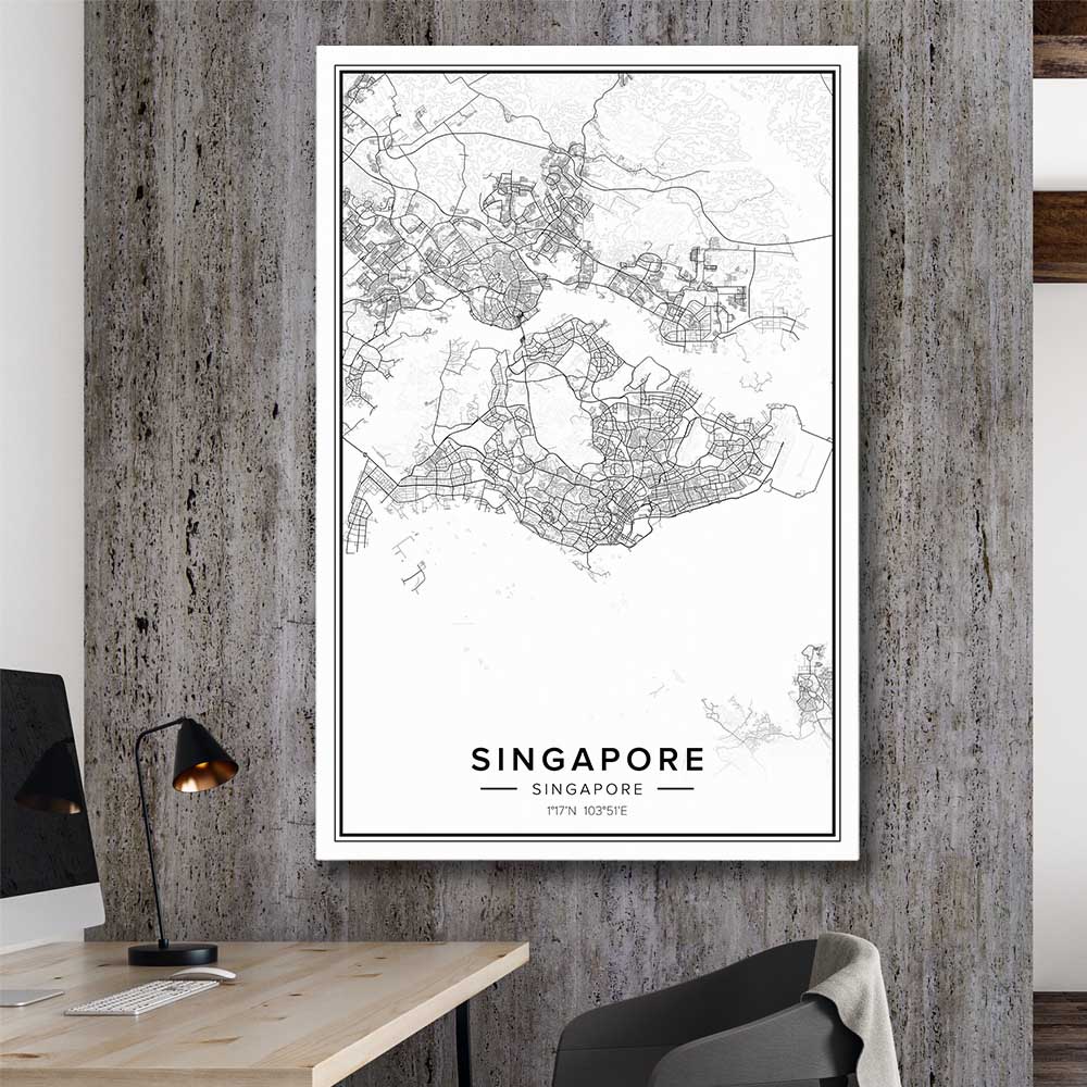 Singapore City stretched canvas displayed in a room is a high quality print in our city skyline, travel prints and maps collection
