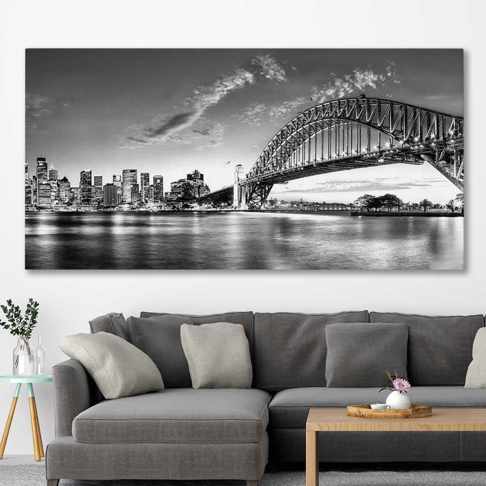 Sydney Harbour stretched canvas displayed in a room is a high quality print in our city skyline, travel prints and maps collection