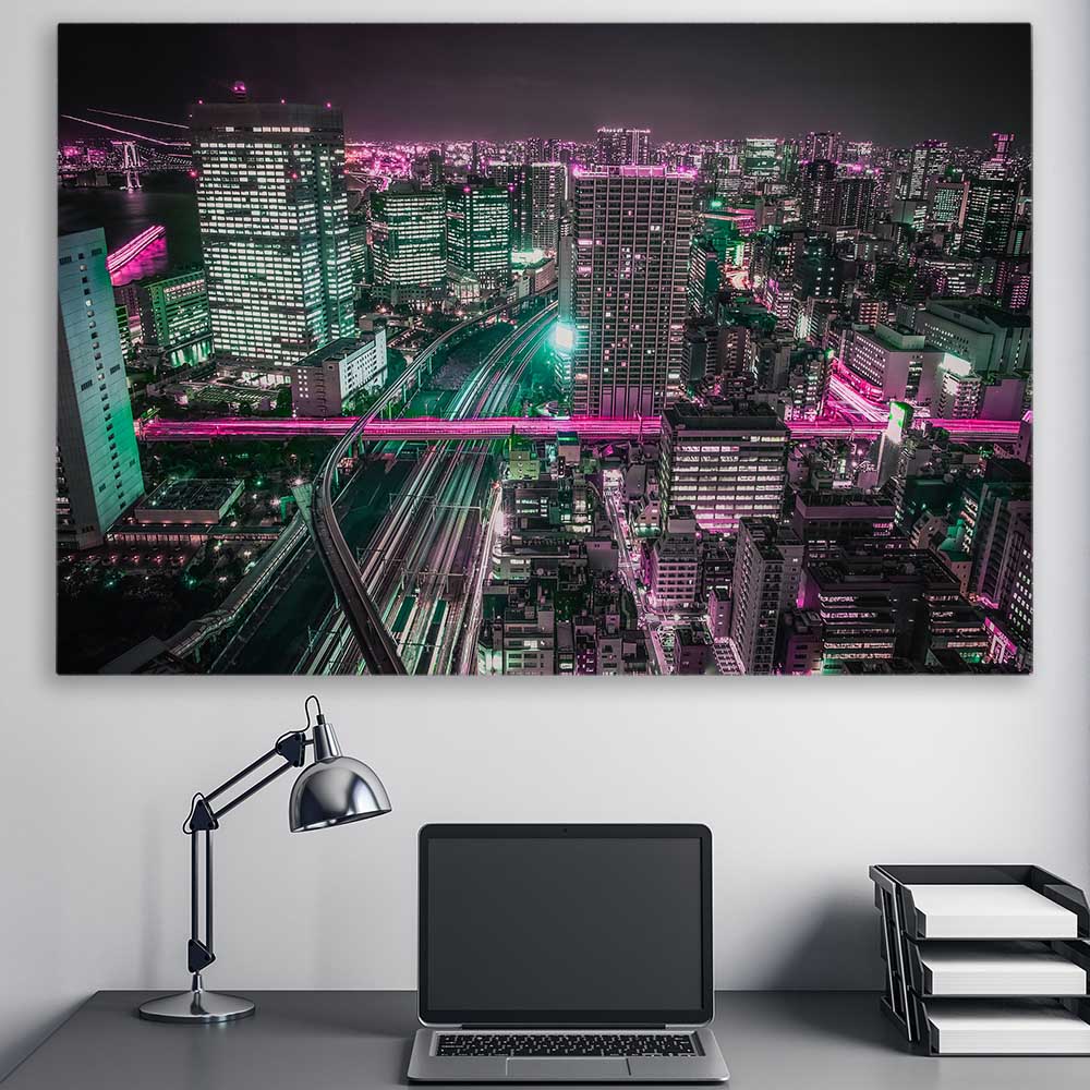 Tokyo Lights stretched canvas displayed in a room is a high quality print in our city skyline, travel prints and maps collection