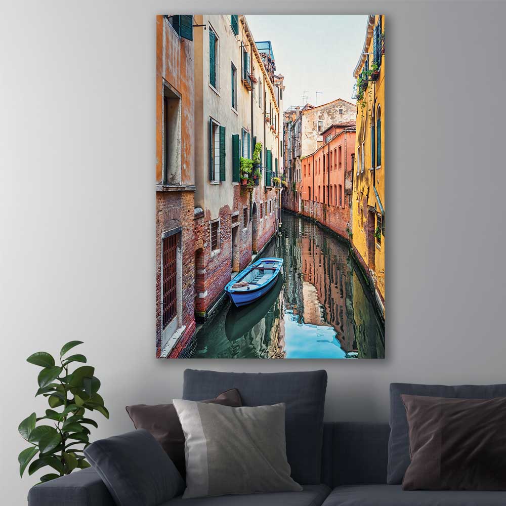 Venice Streets stretched canvas displayed in a room is a high quality print in our city skyline, travel prints and maps collection