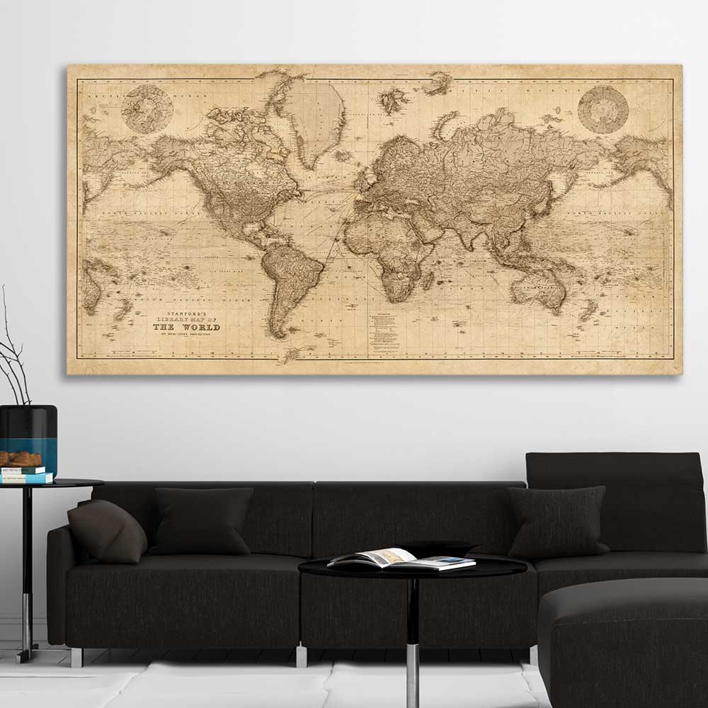 Vintage Map stretched canvas displayed in a room is a high quality print in our city skyline, travel prints and maps collection