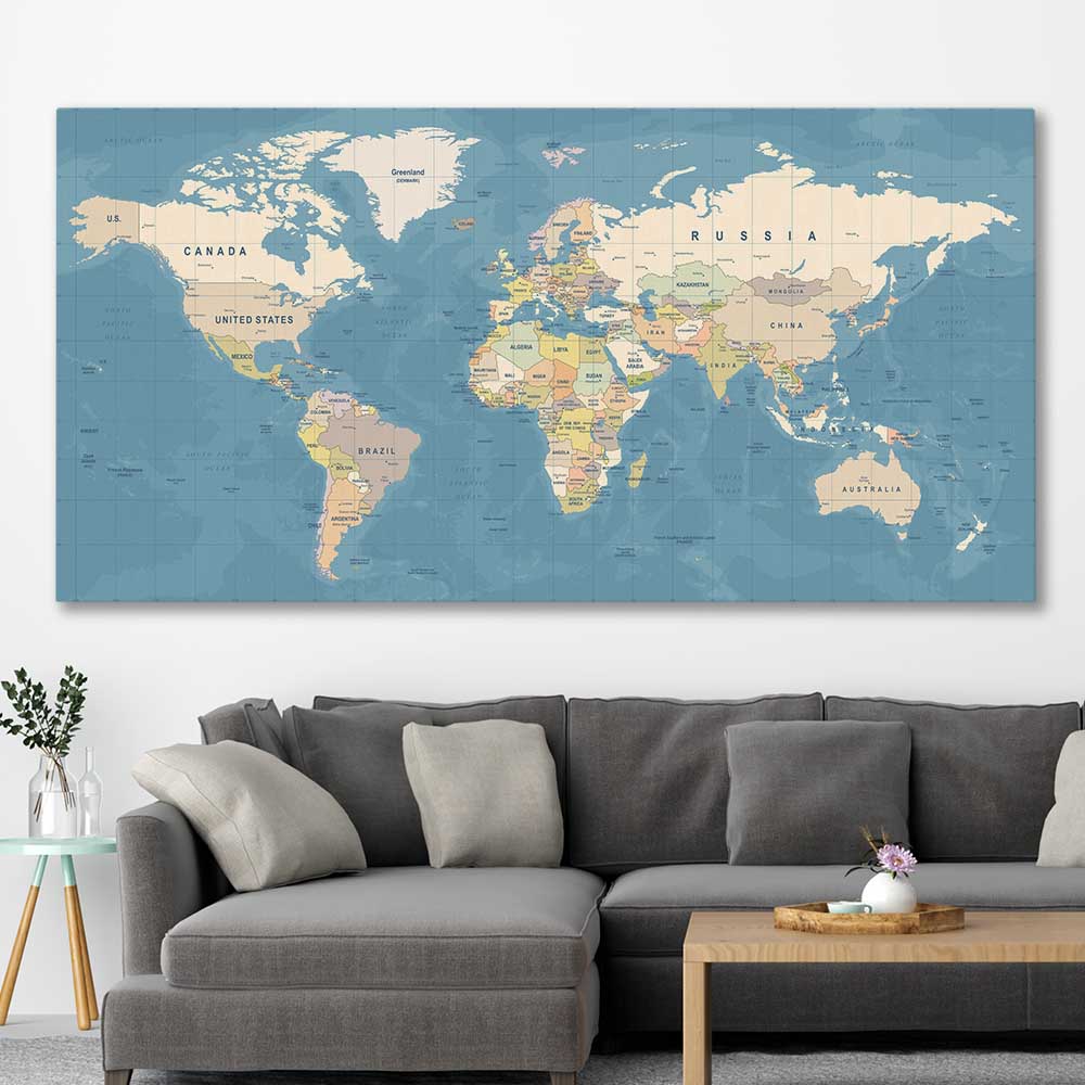 World Map stretched canvas displayed in a room is a high quality print in our city skyline, travel prints and maps collection