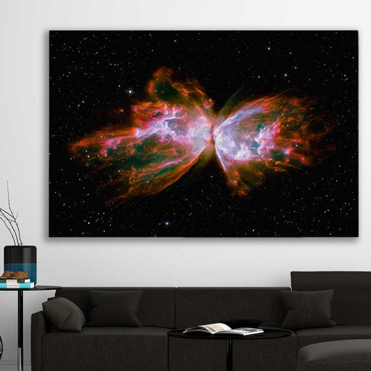 Space prints and wall art of Butterfly Nebula on a stretched canvas displayed in a room