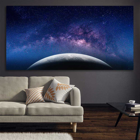 Space prints and wall art of Earth View on a stretched canvas displayed in a room