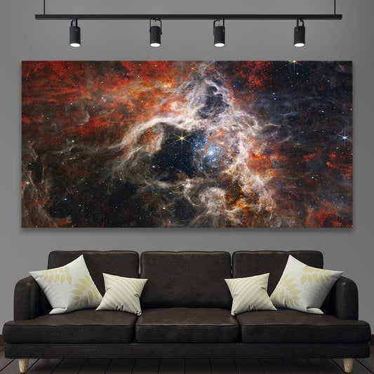 Space prints and wall art of Tarantula Nebula on a stretched canvas displayed in a room