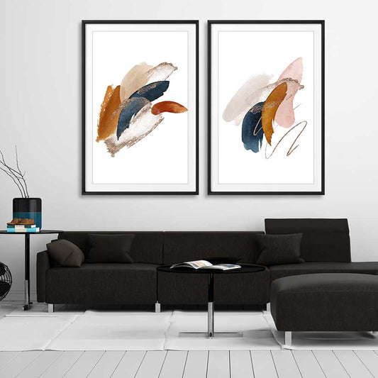 Abstract Strokes Pair stretched canvas displayed from an angle in a room - part of our high quality canvas abstract wall art collection