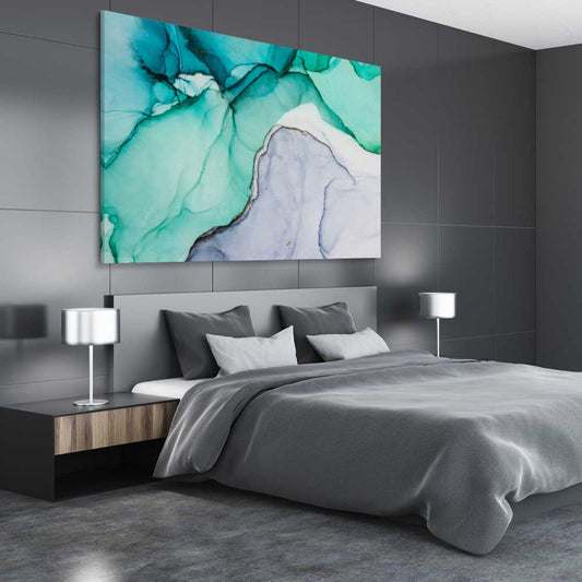 Aqua Blue stretched canvas displayed from an angle in a room - part of our high quality canvas abstract wall art collection