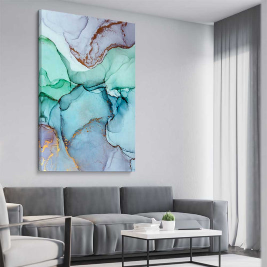 Aqua Gold stretched canvas displayed from an angle in a room - part of our high quality canvas abstract wall art collection