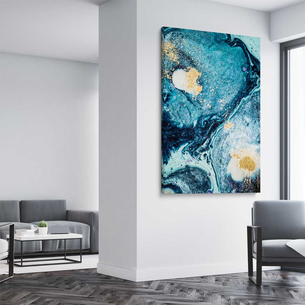 Aqua Path stretched canvas displayed from an angle in a room - part of our high quality canvas abstract wall art collection