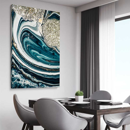 Aqua Swirls stretched canvas displayed from an angle in a room - part of our high quality canvas abstract wall art collection