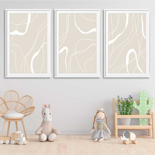Beige Lines Set stretched canvas displayed from an angle in a room - part of our high quality canvas abstract wall art collection