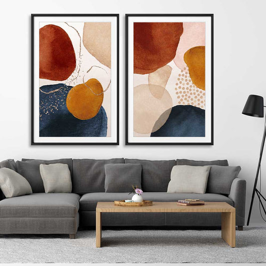 Beige Navy Pair stretched canvas displayed from an angle in a room - part of our high quality canvas abstract wall art collection