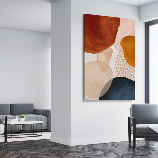 Beige Navy Three stretched canvas displayed from an angle in a room - part of our high quality canvas abstract wall art collection