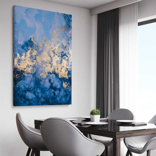 Blue and Gold Flow stretched canvas displayed from an angle in a room - part of our high quality canvas abstract wall art collection