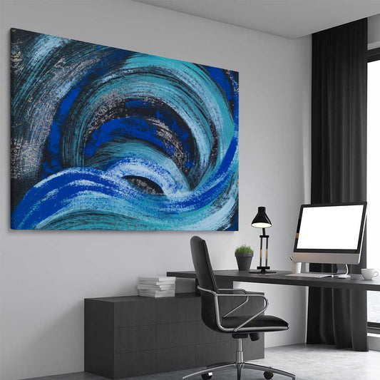 Blue Ether stretched canvas displayed from an angle in a room - part of our high quality canvas abstract wall art collection