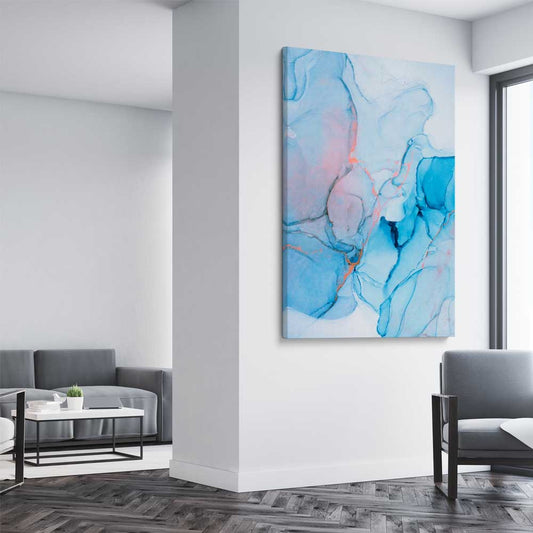 Blue Fracture stretched canvas displayed from an angle in a room - part of our high quality canvas abstract wall art collection