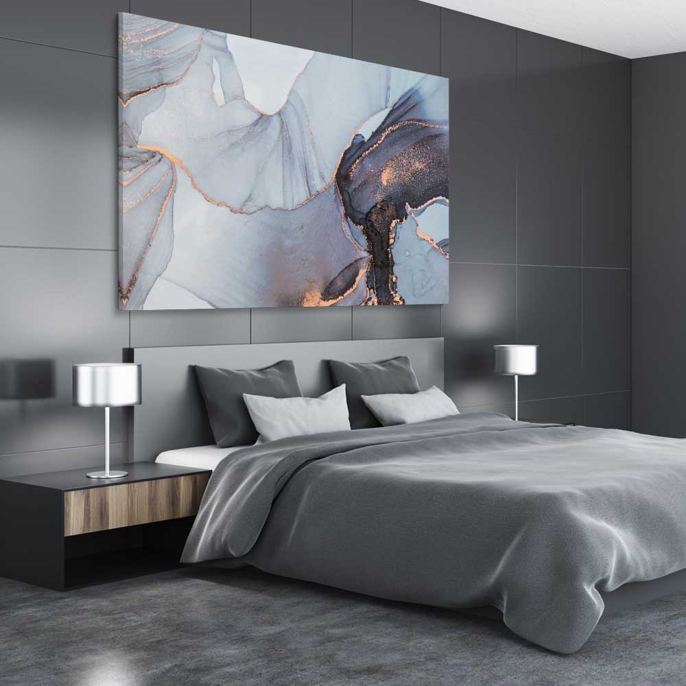 Blue Grains stretched canvas displayed from an angle in a room - part of our high quality canvas abstract wall art collection