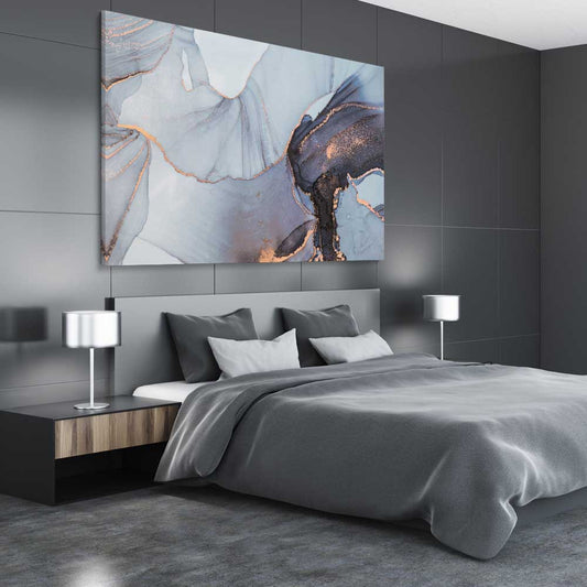 Blue Grains stretched canvas displayed from an angle in a room - part of our high quality canvas abstract wall art collection