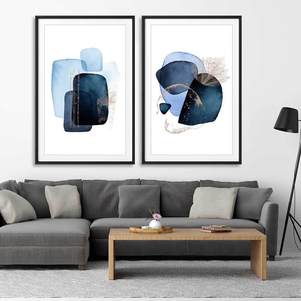 Blue Ivory Pair stretched canvas displayed from an angle in a room - part of our high quality canvas abstract wall art collection