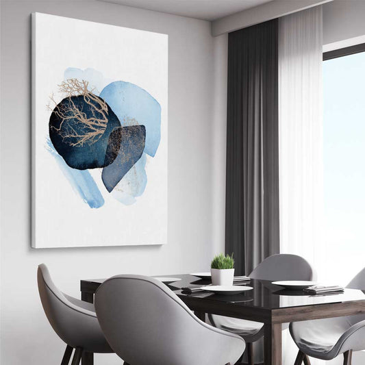 Blue Ivory Three stretched canvas displayed from an angle in a room - part of our high quality canvas abstract wall art collection