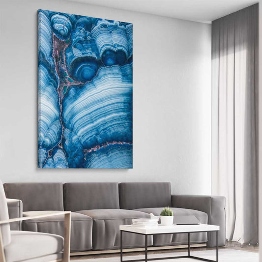 Blue Stratum stretched canvas displayed from an angle in a room - part of our high quality canvas abstract wall art collection