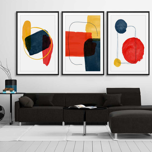 Bright Shapes Set stretched canvas displayed from an angle in a room - part of our high quality canvas abstract wall art collection