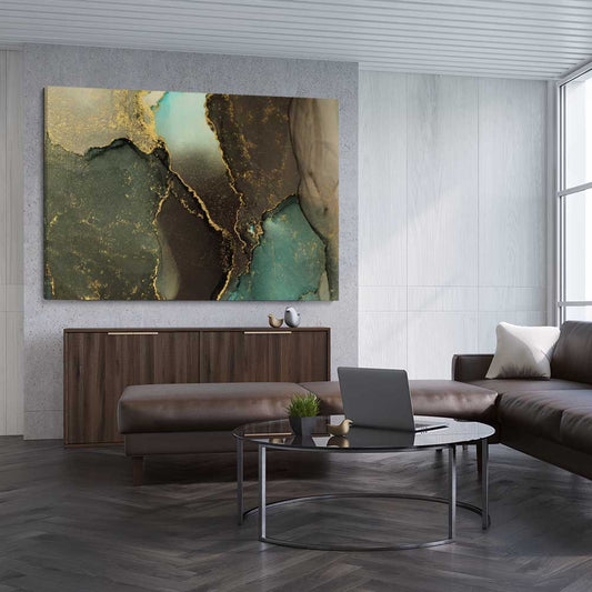 Brown Marble Flow stretched canvas displayed from an angle in a room - part of our high quality canvas abstract wall art collection