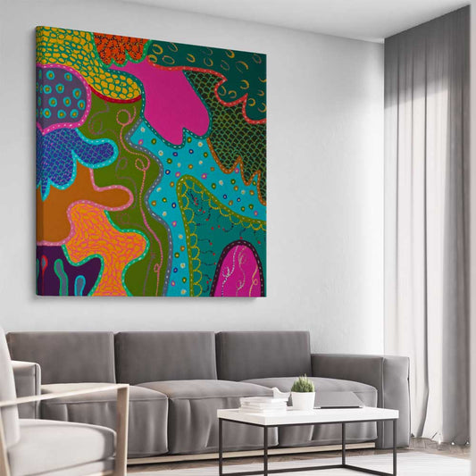 Colour has Joy stretched canvas displayed from an angle in a room - part of our high quality canvas abstract wall art collection