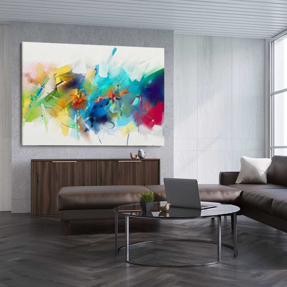 Colourful Abstract Burst stretched canvas displayed from an angle in a room - part of our high quality canvas abstract wall art collection