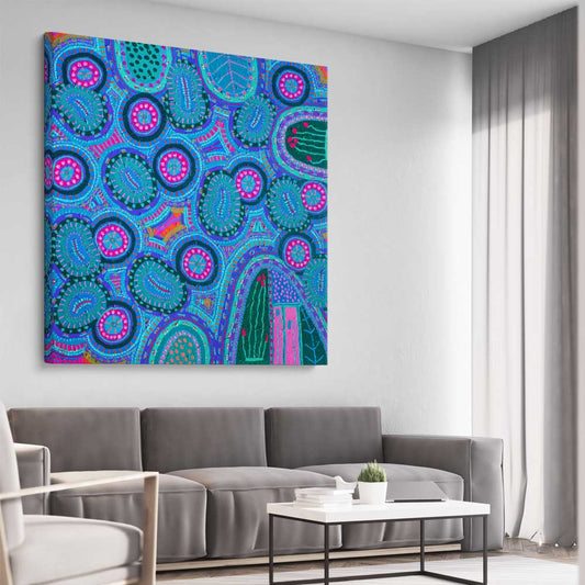 Colours are Encryptic stretched canvas displayed from an angle in a room - part of our high quality canvas abstract wall art collection