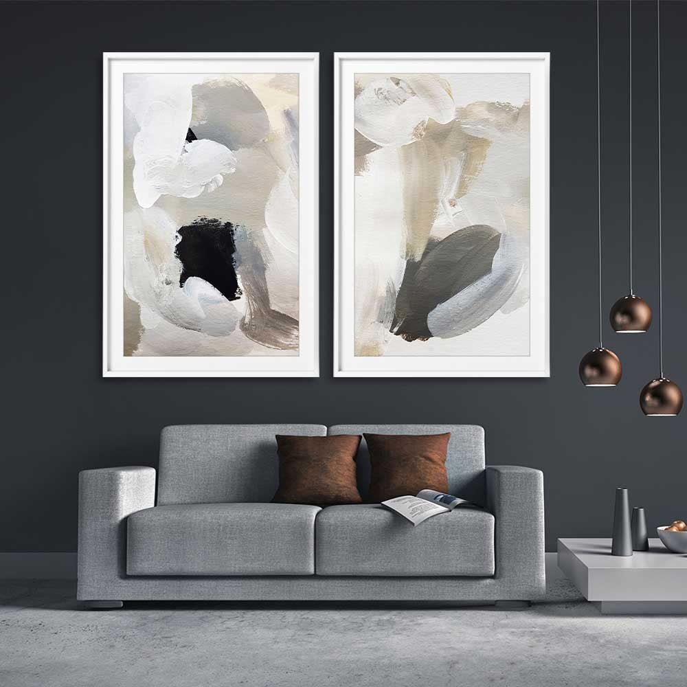 Cosy Neutral Pair stretched canvas displayed from an angle in a room - part of our high quality canvas abstract wall art collection