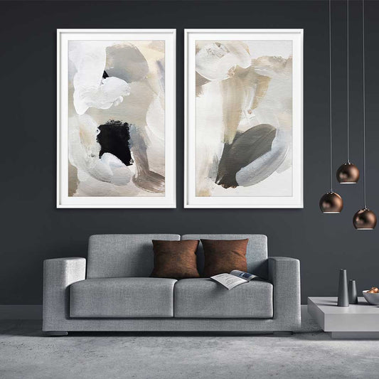 Cosy Neutral Pair stretched canvas displayed from an angle in a room - part of our high quality canvas abstract wall art collection