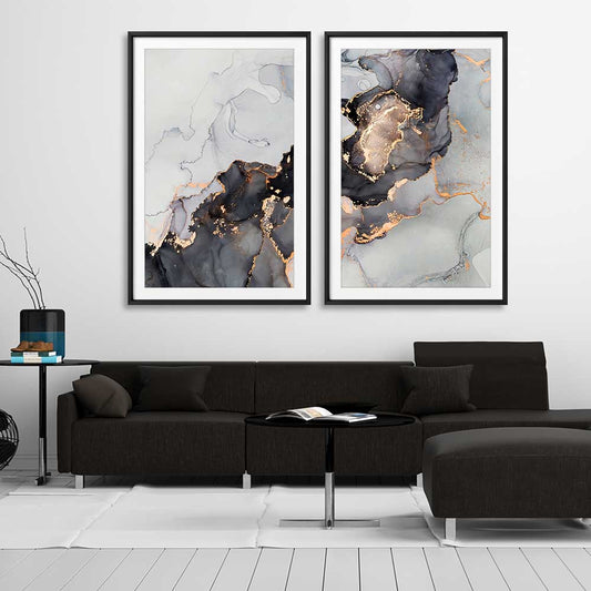 Darkened Gold Pair stretched canvas displayed from an angle in a room - part of our high quality canvas abstract wall art collection