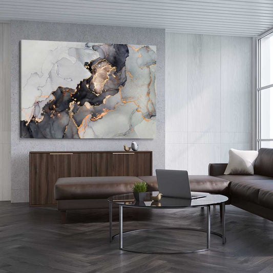 Darkened Gold stretched canvas displayed from an angle in a room - part of our high quality canvas abstract wall art collection