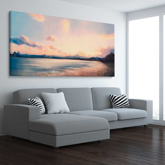 Dawn at Sea stretched canvas displayed from an angle in a room - part of our high quality canvas abstract wall art collection