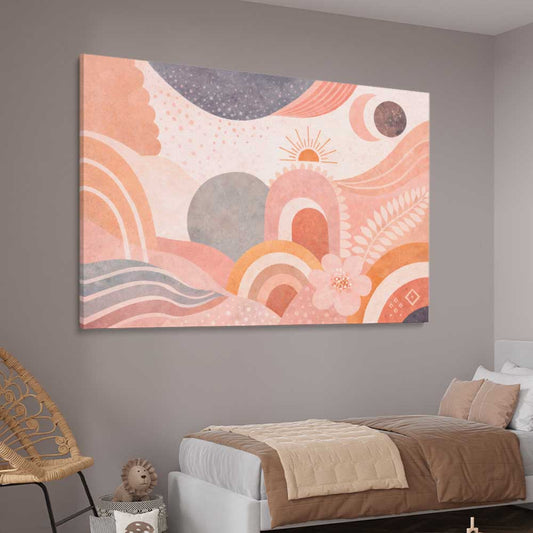 Desert Bloomscape stretched canvas displayed from an angle in a room - part of our high quality canvas abstract wall art collection