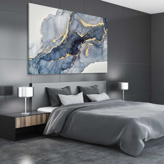 Drifting Blues stretched canvas displayed from an angle in a room - part of our high quality canvas abstract wall art collection