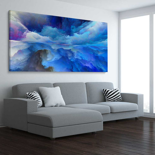 Emerging Blue Energy stretched canvas displayed from an angle in a room - part of our high quality canvas abstract wall art collection
