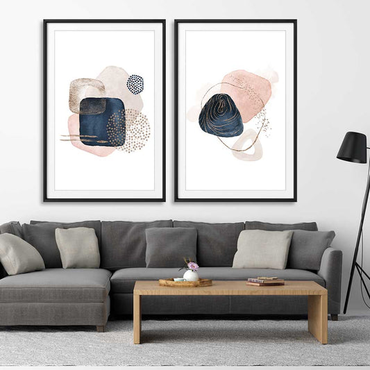 Geometric Dots Pair stretched canvas displayed from an angle in a room - part of our high quality canvas abstract wall art collection