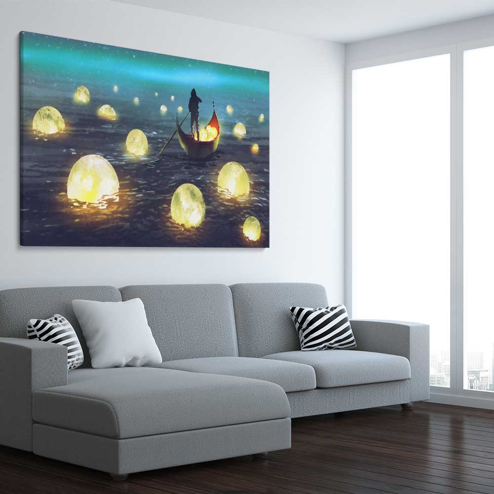 Glowing Moons stretched canvas displayed from an angle in a room - part of our high quality canvas abstract wall art collection
