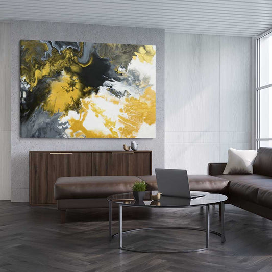 Gold Splash stretched canvas displayed from an angle in a room - part of our high quality canvas abstract wall art collection