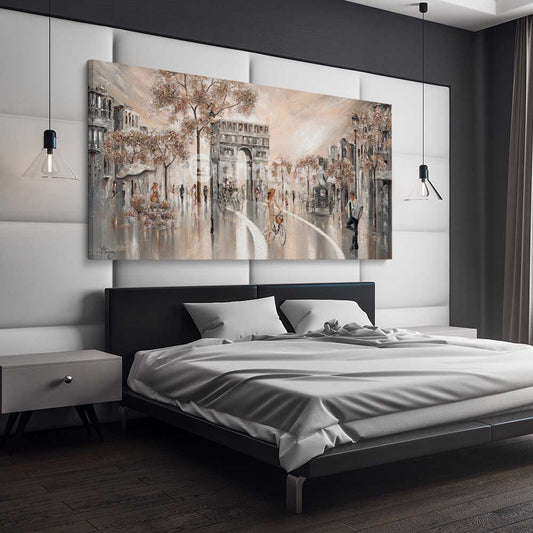 Golden Glimpse, Paris stretched canvas displayed from an angle in a room - part of our high quality canvas abstract wall art collection