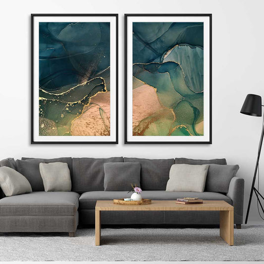 Golden Mist Pair stretched canvas displayed from an angle in a room - part of our high quality canvas abstract wall art collection