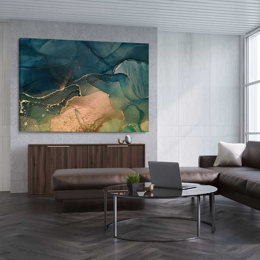 Golden Mist stretched canvas displayed from an angle in a room - part of our high quality canvas abstract wall art collection