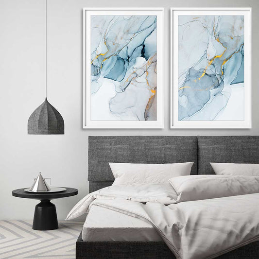 Golden Veins Pair stretched canvas displayed from an angle in a room - part of our high quality canvas abstract wall art collection