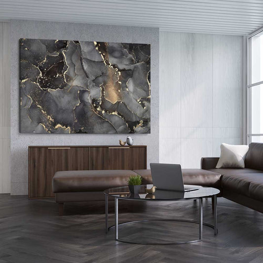 Grey Vapours stretched canvas displayed from an angle in a room - part of our high quality canvas abstract wall art collection