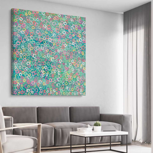 Healthy Molecules stretched canvas displayed from an angle in a room - part of our high quality canvas abstract wall art collection