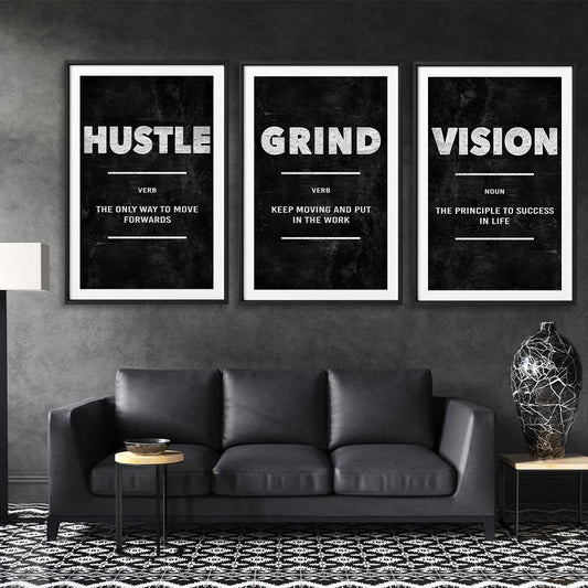 Inspirational wall art print of Hustle Definition Set on a stretched canvas displayed from an angle in a room